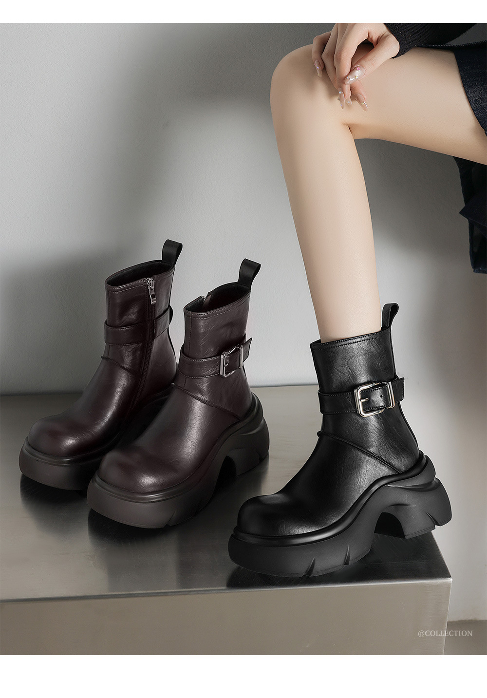 Giày bốt ngắn cổ thấp tăng chiều cao đế dày 7cm da thật khóa kéo mùa thu 2025 — Lớp lót nhung màu nâu, nhung đen, Li đơn màu nâu, Lớp lót đơn màu đen chi tiết 2