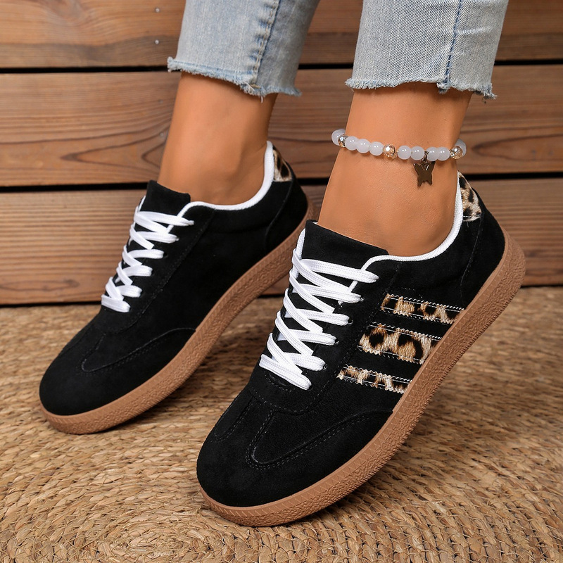 Foreign Trade Large Size Spring and Autumn New Retro Leopard Print White Shoes for Women Cross-Border Round Toe Lace-Up Large Size Casual Versatile Sneakers