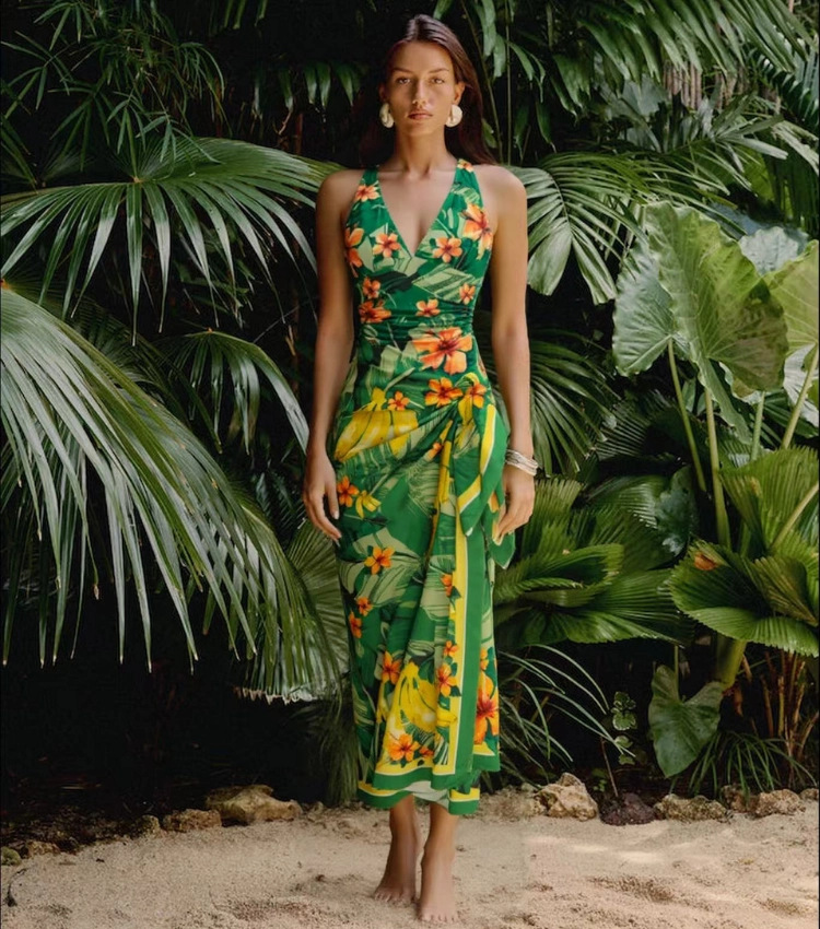 One-Shoulder Ruffle Monokini Swimsuit - Eco-Friendly Quick-Dry Swimwear Set With Sarong (Green Floral/Solid, Sizes S-XL)_ecoleips.com
