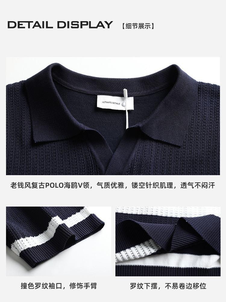 Verano hombre hueco rayas de cuello V jersey polo seda transpirable mangas cortas de negocios casuales superior
