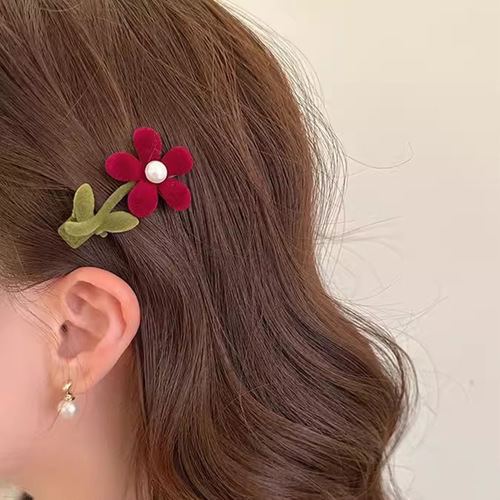 New Fall/Winter Red Flocked Flower Side Clip for Women: Delicate & Dainty Duckbill Hair Clips for Flyaways, Bangs, and Fringe