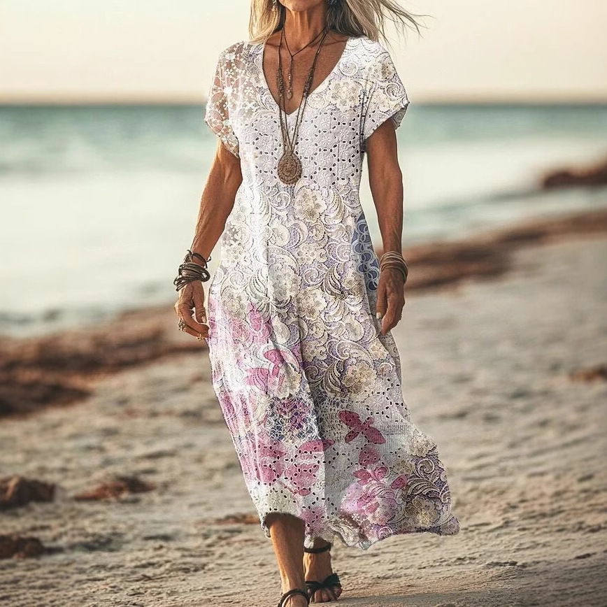Creative Floral Women's Summer V-Neck Short Sleeve Dress, Midi Dress_ecoleips.com