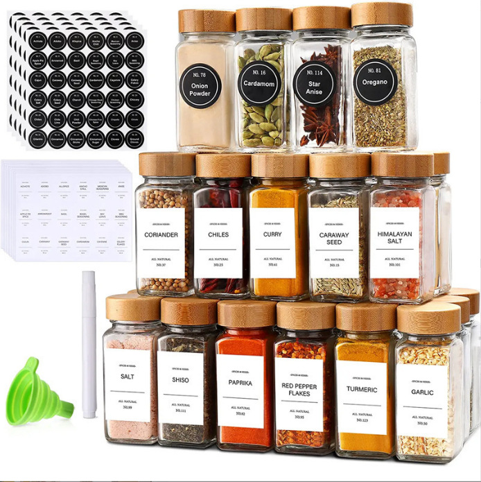 Botella de condimento transfronteriza de 4oz 120ML cubierta cuadrada de bambú y madera Kit de etiqueta de clasificación de alimentos de cocina frasco de especias de vidrio