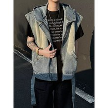做旧水洗牛仔无袖坎肩马甲男生美式复古连帽工装解构拼接背心外套