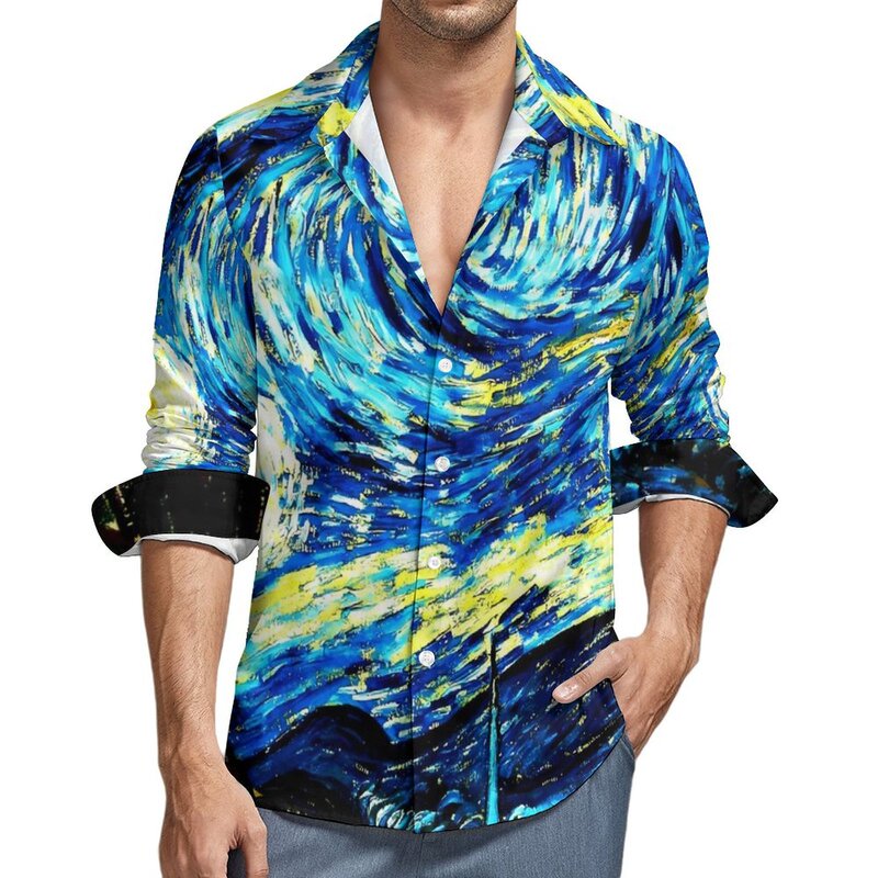Foreign Trade Digital Printing Casual Shirt Men's Starry Night Shirt Long Sleeve Lel Fashion Street Autumn Top
