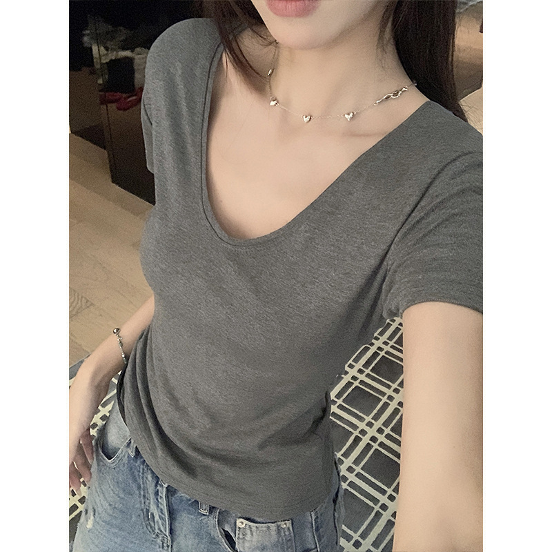 Shiyaqi~Basic Short-Sleeved V-Neck Solid Color Hot Girl T-Shirt Women's Summer Slim-Fitting Waist-Cinching Short Top Shiyaqi~Basic Short-Sleeved V-Neck Solid Color Hot Girl T-Shirt Women's Summer Slim-Fitting Waist-Cinching Short Top