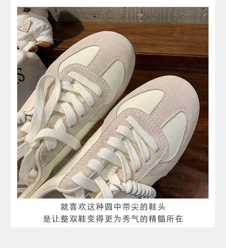 Giày sneaker nữ da bò phối màu mũi tròn dây buộc tăng chiều cao — Màu trắng nhạt, màu sô cô la, màu vàng, màu đen chi tiết 18
