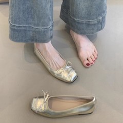 ソフトレザーバージョン〜フレンチスタイルの小さな香りの弓の浅い口のバレエシューズ、多用途のスクエアトゥの優しいフラットソールのおばあちゃんの靴