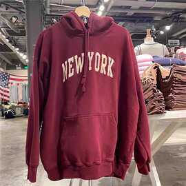BM风美式NEW YORK字母纽约刺绣宽松连帽卫衣女bm袋鼠兜外套