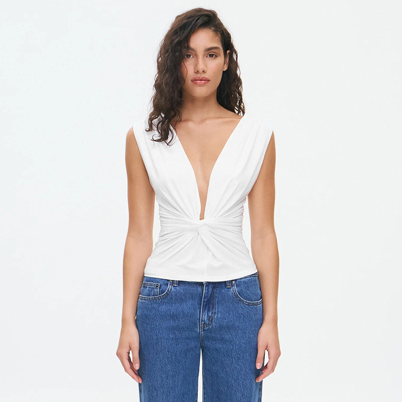 Women's V Neck Pullover Top Spring Summer Solid Color Ruched Knot Waist Cinching New Fashion_ecoleips.com