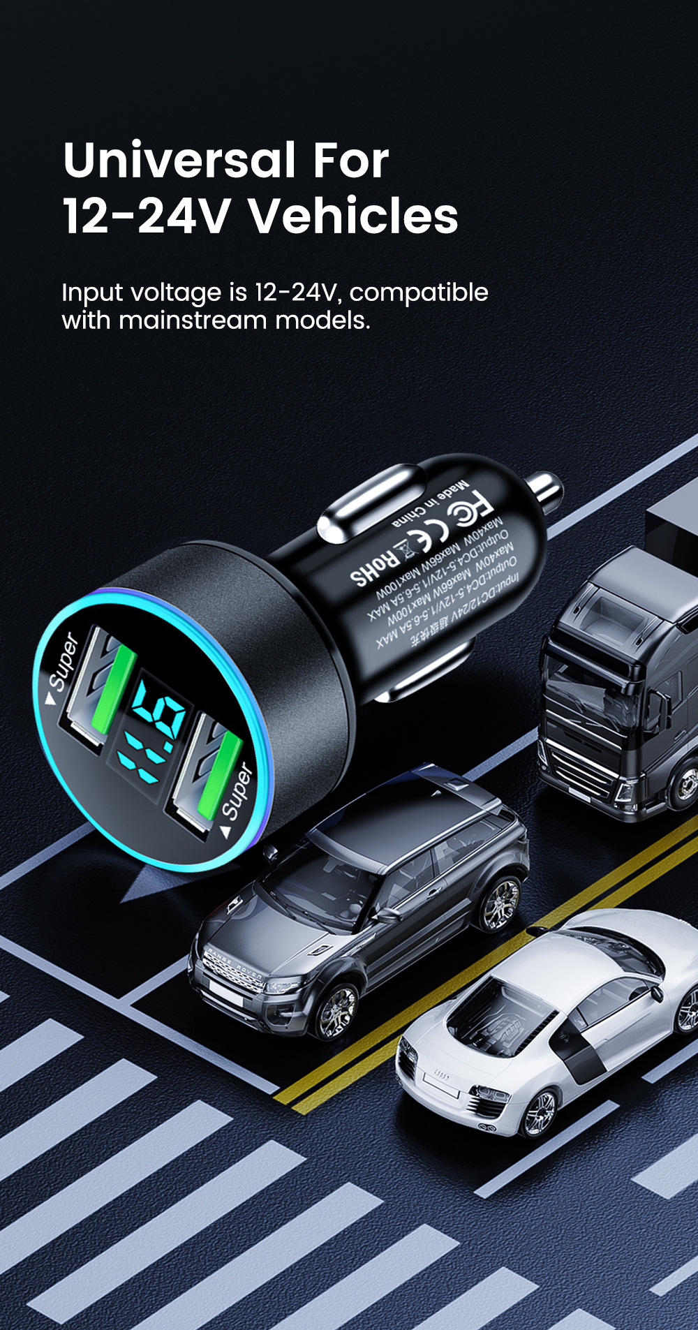 Multi-port with digital display support super fast charging 6/8 port with voltage vehicle-mounted one-to-six/8-car fast charging cross-border
