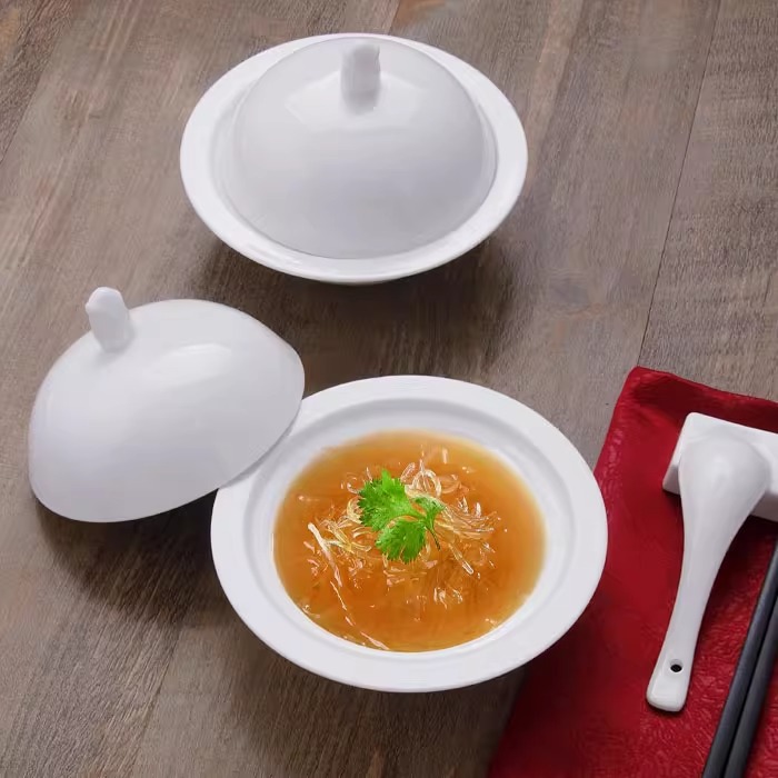 骨瓷白净陶瓷盘子带盖中式鲍鱼辽参饭盘西餐厅摆台月子会所点心盘