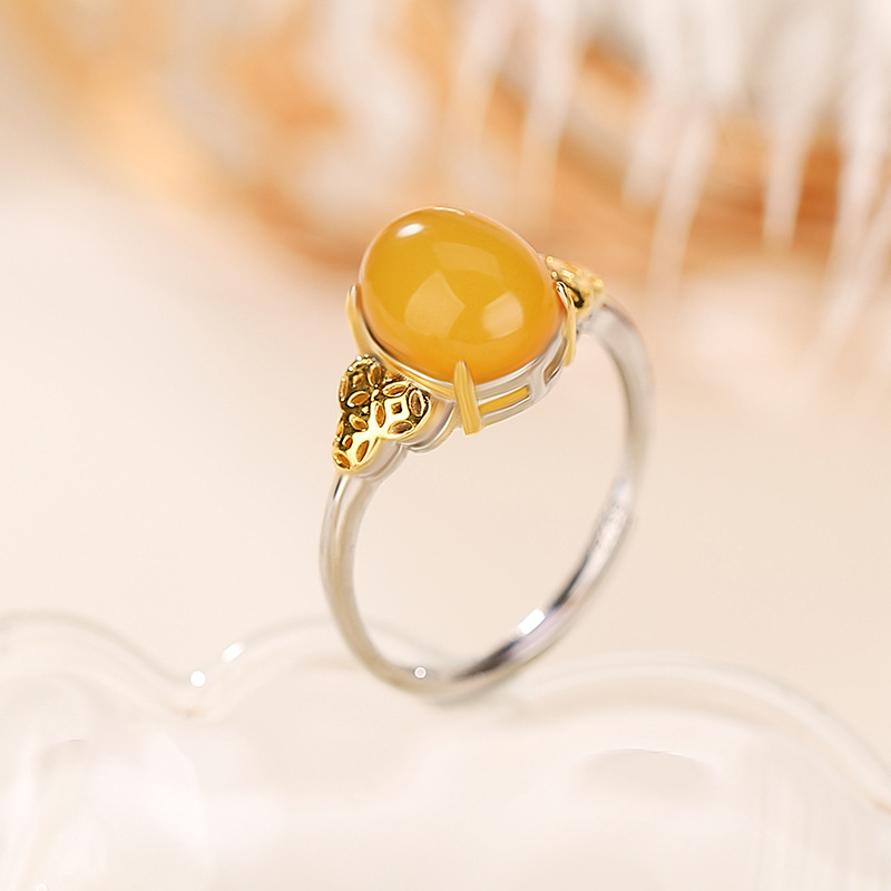 Nhẫn mặt trứng đồng xu sáp ong mạ vàng bạc Yilu S925 phong cách dân tộc — Mở (một kích thước)