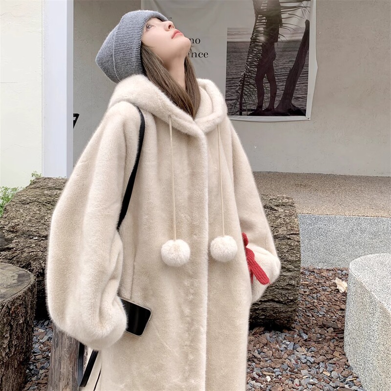 Niche Hooded Thickened Mid-length Mink-like Plush Coat Fur One-piece Eco-friendly Fur Coat Winter