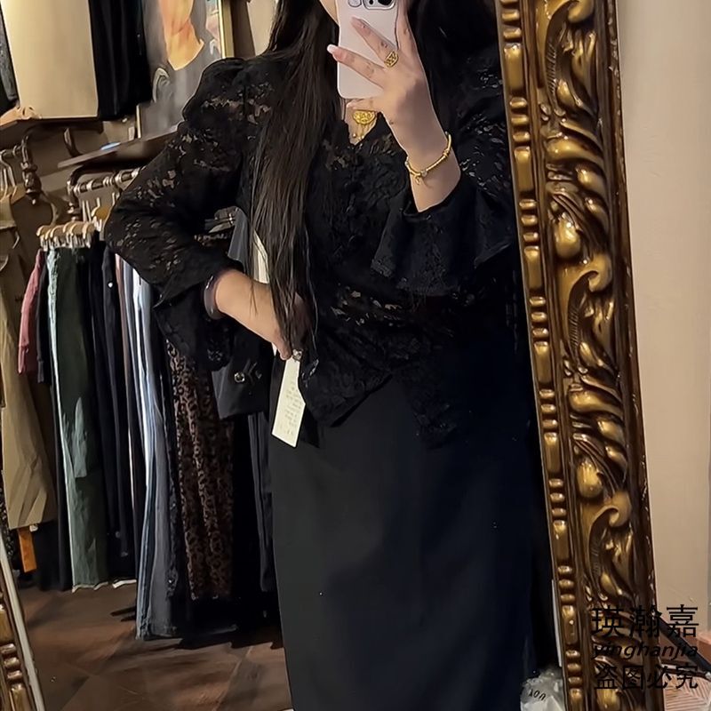 Plus Size Women's Hollow Lace Shirt Women's Autumn Fat Plus Fat Slimming Style Belly-Covering Long-Sleeved Top Plus Size Women's Hollow Lace Shirt Women's Autumn Fat Plus Fat Slimming Style Belly-Covering Long-Sleeved Top