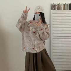 韩系慵懒风花朵刺绣开衫厚毛衣女2025秋冬甜美长袖宽松开衫针织衫