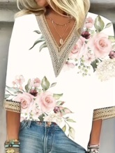 R 41406 Women's V-Neck Lace T-Shirt ŮʿT�� ����ѷ�羳ŷ