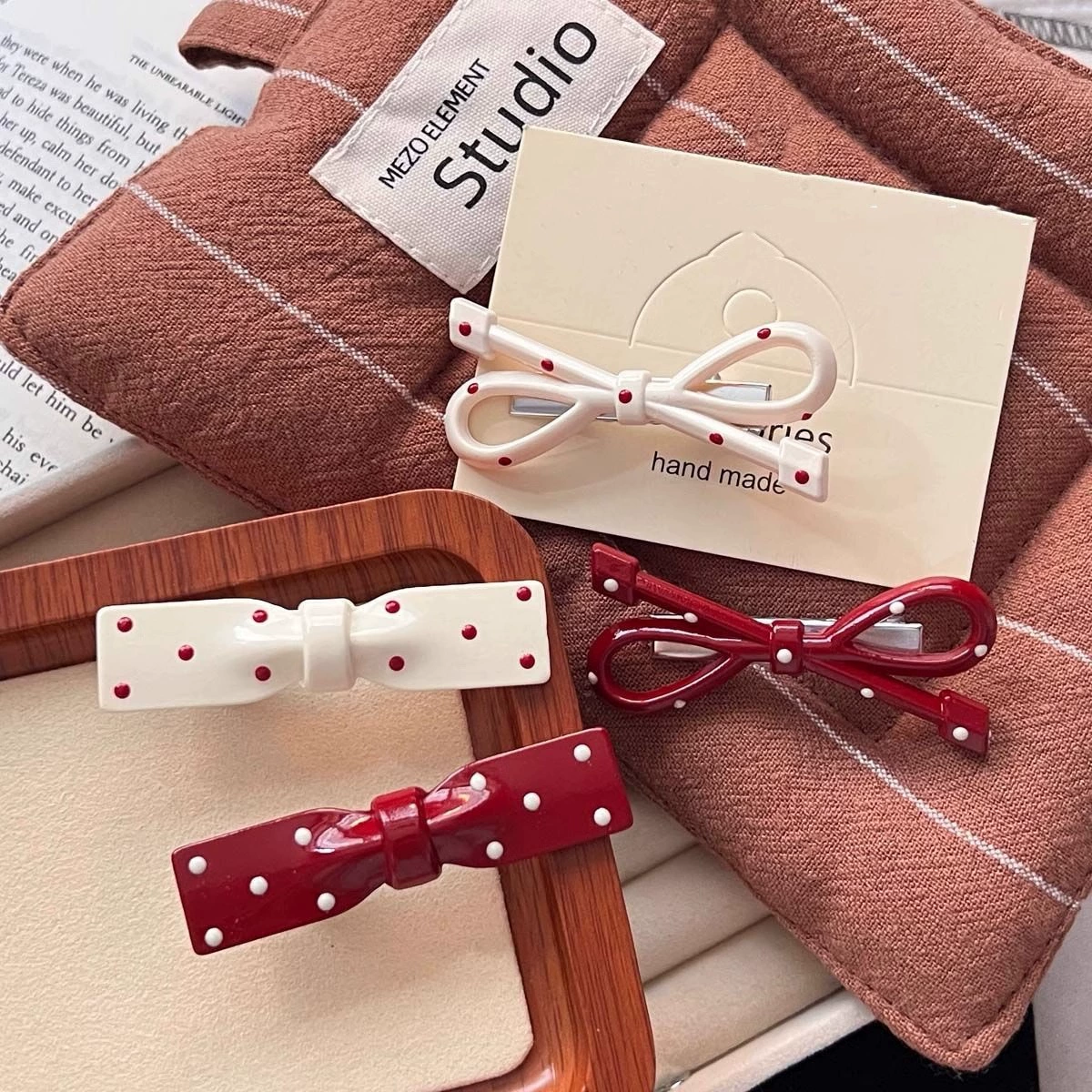Hair Clip Bow Set — Cute Crab & Bang Clips, Polka Dot and Stripe Color Options, Lightweight