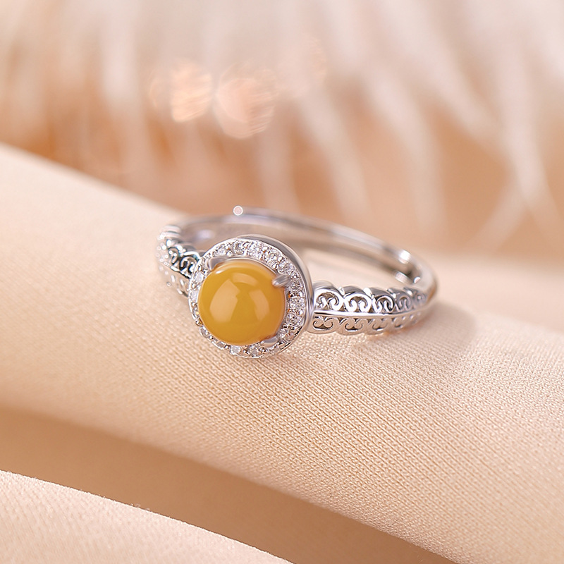 Nhẫn bạc S925 hạt tròn sáp ong dầu gà vàng phong cách Trung Hoa đơn giản cao cấp — một mảnh