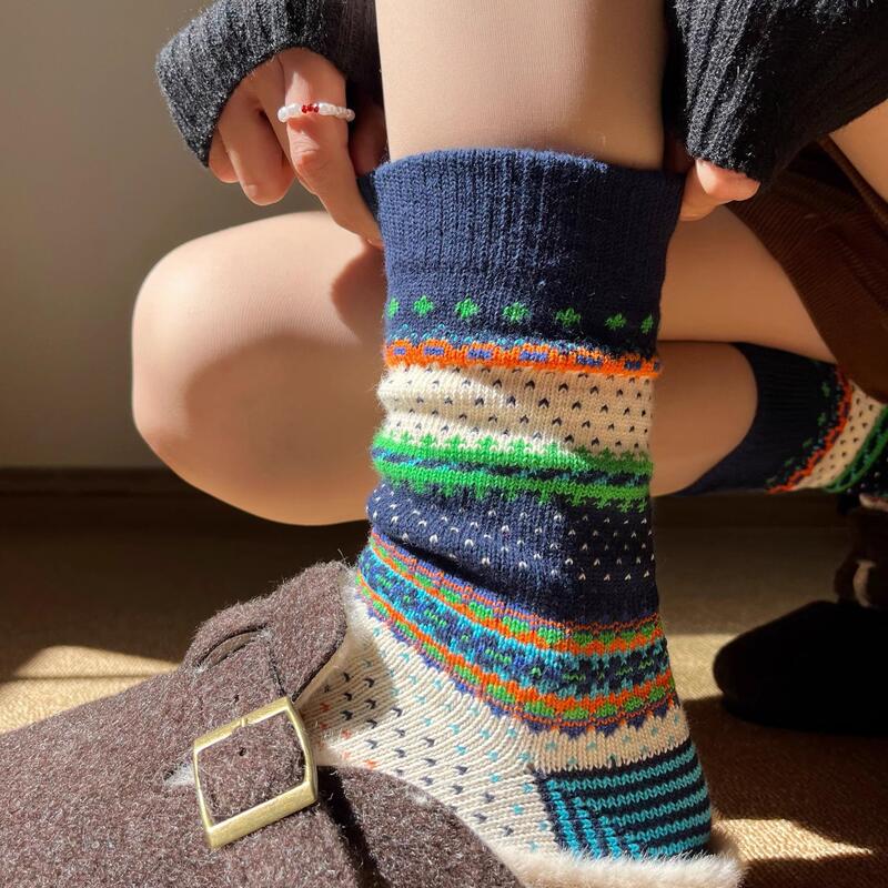American Retro Nordic Style Fair Isle Slouch Socks Ami Khaki Couple Thick Warm Ethnic Versatile Socks