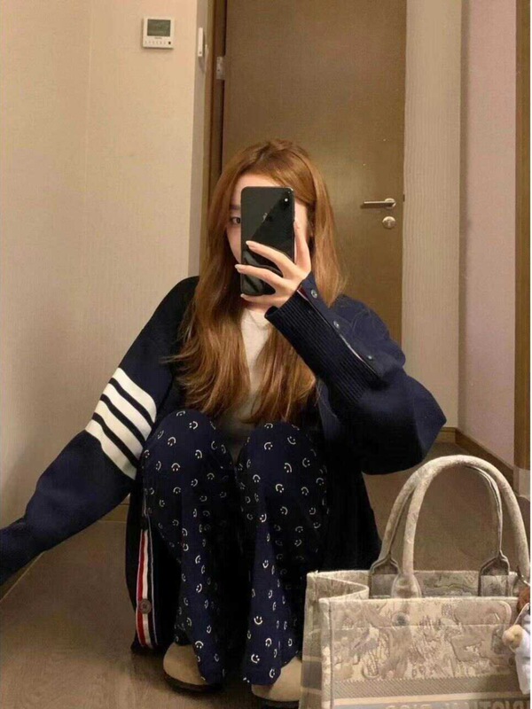 开衫毛衣女2025新款早秋穿搭学院风条纹V领高级感韩系针织衫外套|undefined