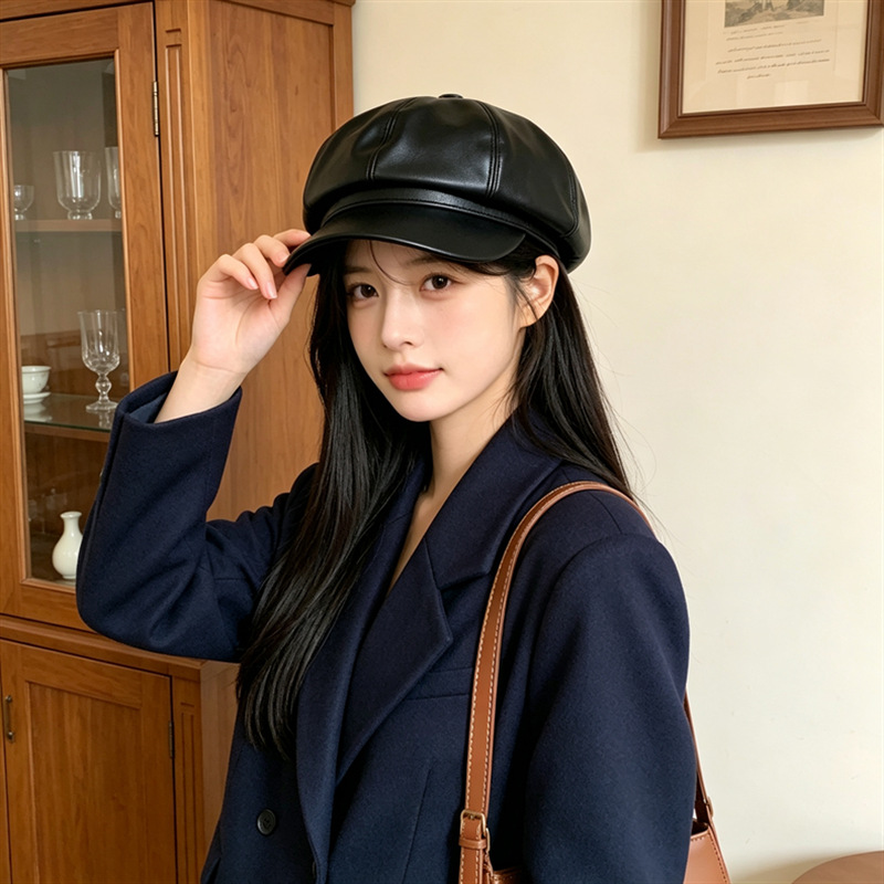 한국 스타일의 트렌디한 가을 겨울 스타 스타일 PU 가죽 팔각형 모자 여성용 오리 혀 영국 복고풍 패션 가죽 모자 베레모