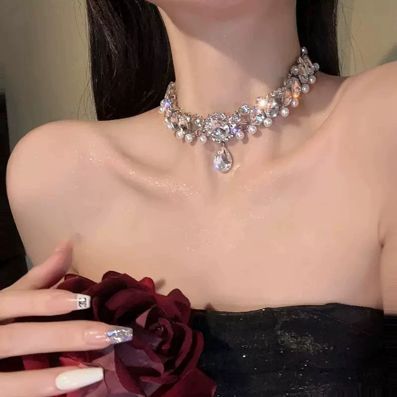 Pearl Choker Necklace, Bridal Crystal Drop, European city style, Silver or Gold finish