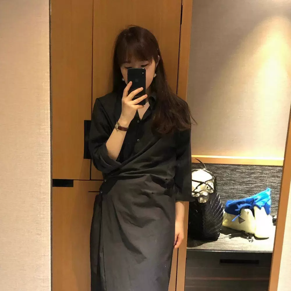 现货 韩系不规则纽扣衬衫裙2025春秋季女纯色宽松长袖连衣裙oun*e