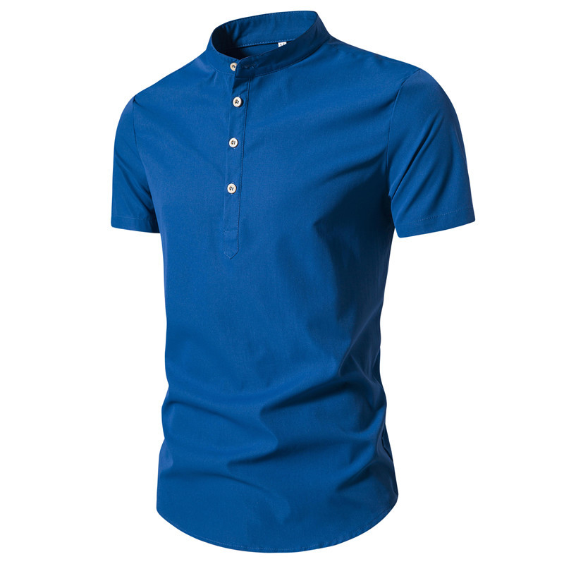 2023 caliente verano color sólido collar de pie camisa casual de los hombres de manga corta camisa de comercio exterior jersey de los hombres top ropa de los hombres