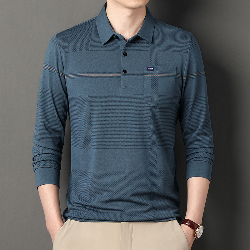 Middle-Aged Men's Long-Sleeved T-Shirt Lapel Casual Stripesd Polo Shirt Dad Wear Spring and Autum Real Flap Pocket Pants Top Middle-Aged Men's Long-Sleeved T-Shirt Lapel Casual Stripesd Polo Shirt Dad Wear Spring and Autum Real Flap Pocket Pants Top