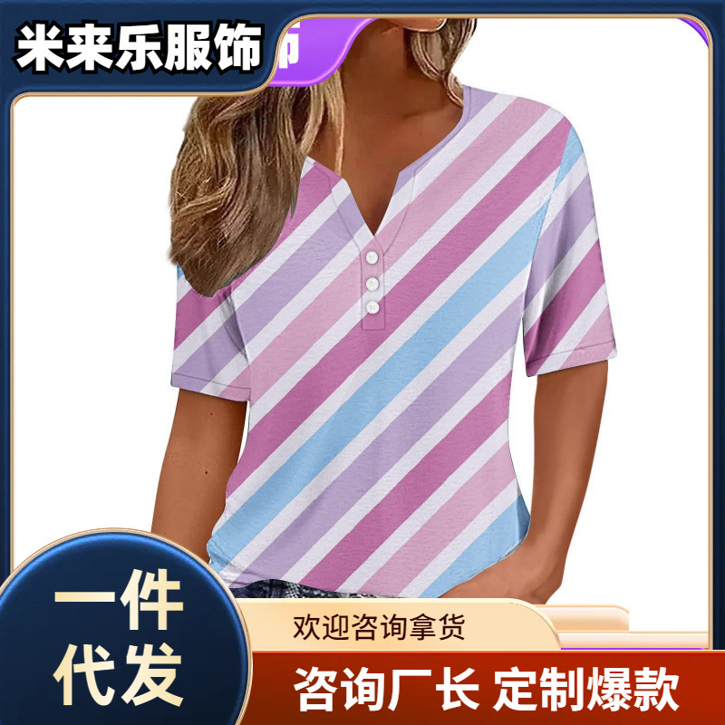 新款速卖通春季200g仿棉休闲跨境欧美女装 三扣V领短袖条纹印花