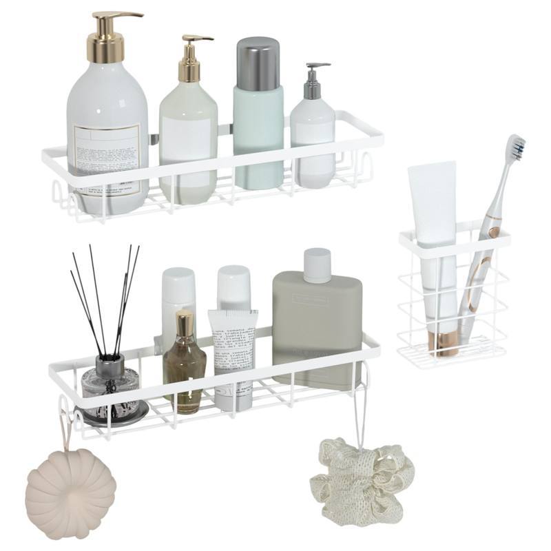 Three-Piece Set of Carbon Steel Wall-Mounted Bathroom Storage Racks, Self-Adhesive and No Drilling Required, Non-Foldable Bathroom Storage Rack