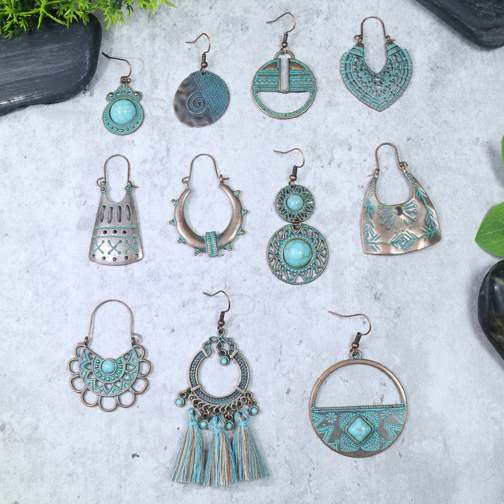 1 Pair Hip-Hop Retro Solid Color Inlay Alloy Turquoise Drop Earrings display picture 8
