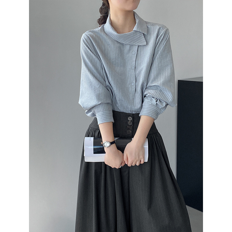 Jiang Chi - Intellectual and Gentle Commuting Style Vertical Striped Diagonal Button Shirt for Women, Niche Design Top 655 Jiang Chi - Intellectual and Gentle Commuting Style Vertical Striped Diagonal Button Shirt for Women, Niche Design Top 655