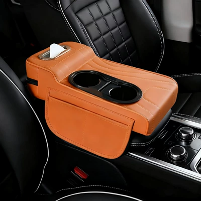 Car Armrest Box Booster Pad Protective Cover Universal Double Cup Holder Storage Box Tissue Box Central Car Elbow Rest Pad (Armrest box pad) - high-and-low-water-cup-models-embroidered-vibrant-orange