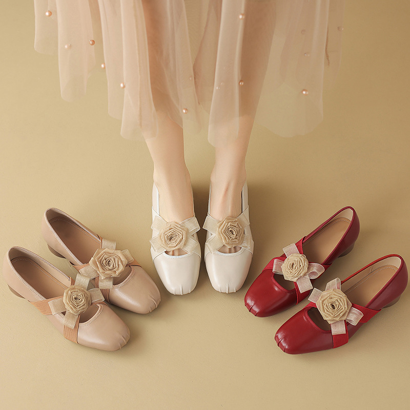 Ballet Style Retro First-Layer Cowhide Flower Cross Elastic Band Mary Jane Small Leather Shoes Round Toe Thick Heel Versatile Shoes