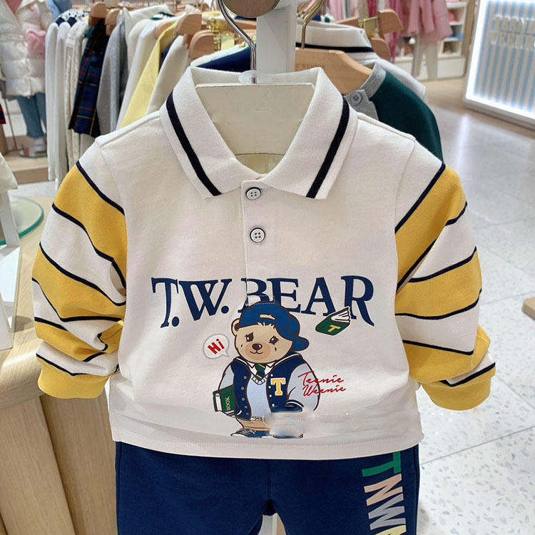 2024 New Spring Bear Children's Apparel for Boys Striped Long-Sleeve POLO Shirt T-Shirt Spliced Sleeve Long-Sleeve Top T-Shirt