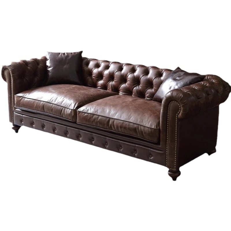 American retro three-seat sofa small apartment living room oil wax leather pull buckle double sofa solid wood leather brown furniture