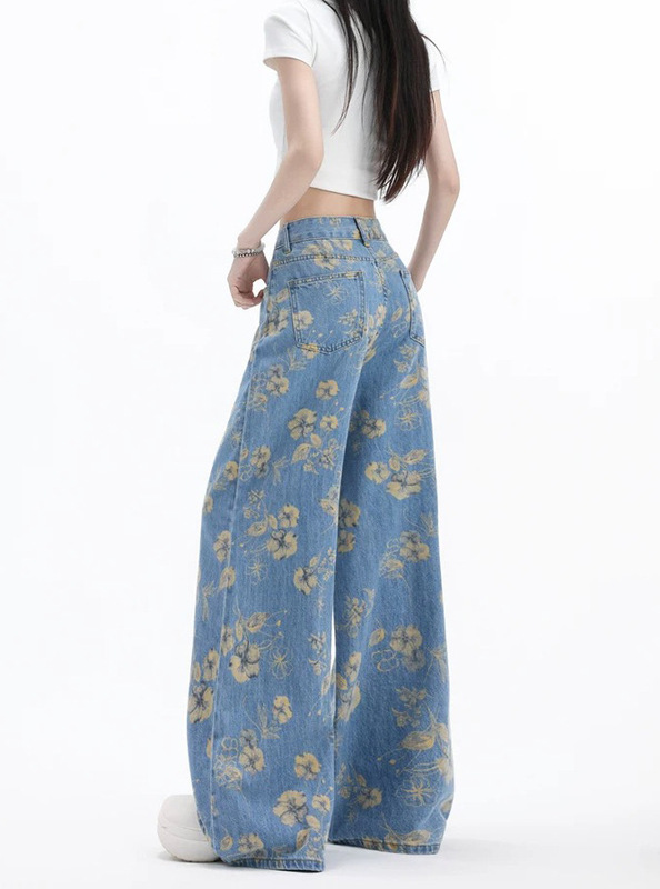 小众花朵扎染阔腿牛仔裤2025年秋款女美式浅蓝宽松垂感高腰拖地裤|undefined