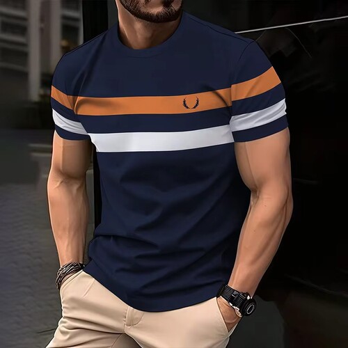 Minimalist Geometric Color-block Striped 3D Print Men's High Street Summer Loose Mesh Breathable Crew Neck T-shirt