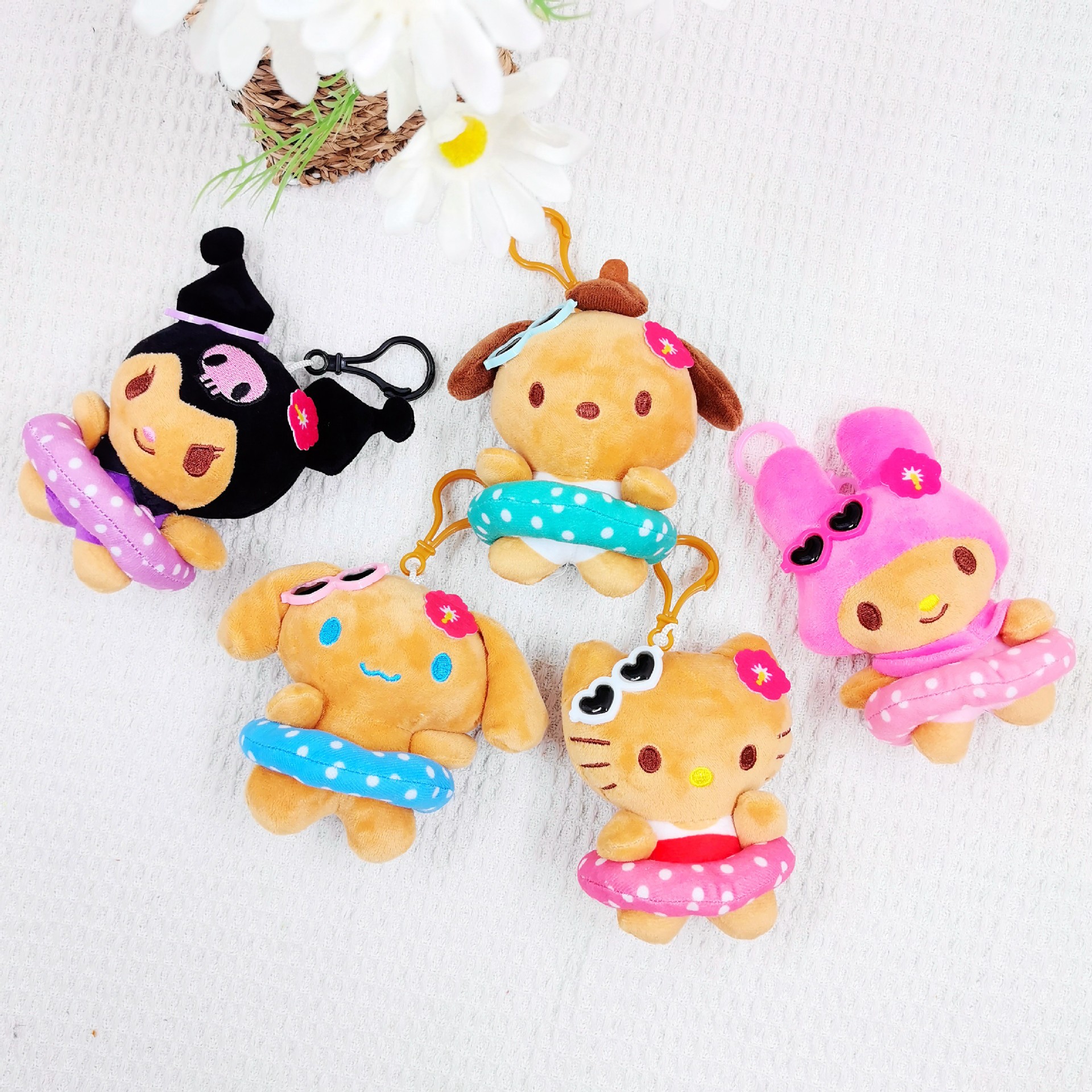 4inch Cartoon Japanese Style New Hawaiian Beach Swim Ring Cat Bag Plush Pendant Doll Girl Gift