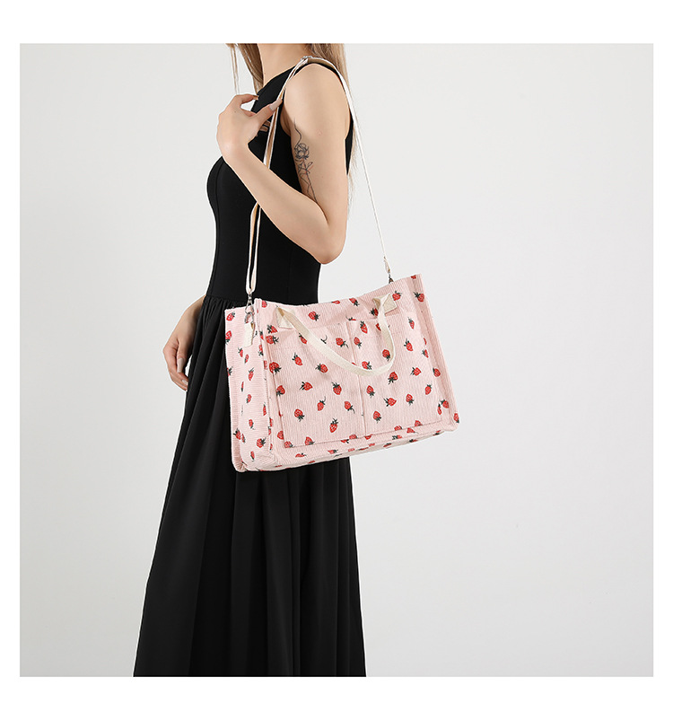 300g Weight Polyester Lining Material Zipper Closure Type Single Shoulder Strap Strap Type Tote Bag Bags Type Casual, School Occasion Corduroy Material Solid Color, Strawberry Pattern All Seasons Season Women's Gender Basic, Classic Style Style Square Shape Large Size Women's Large Corduroy Solid Color Strawberry Basic Classic Style Square Zipper Tote Bag 8