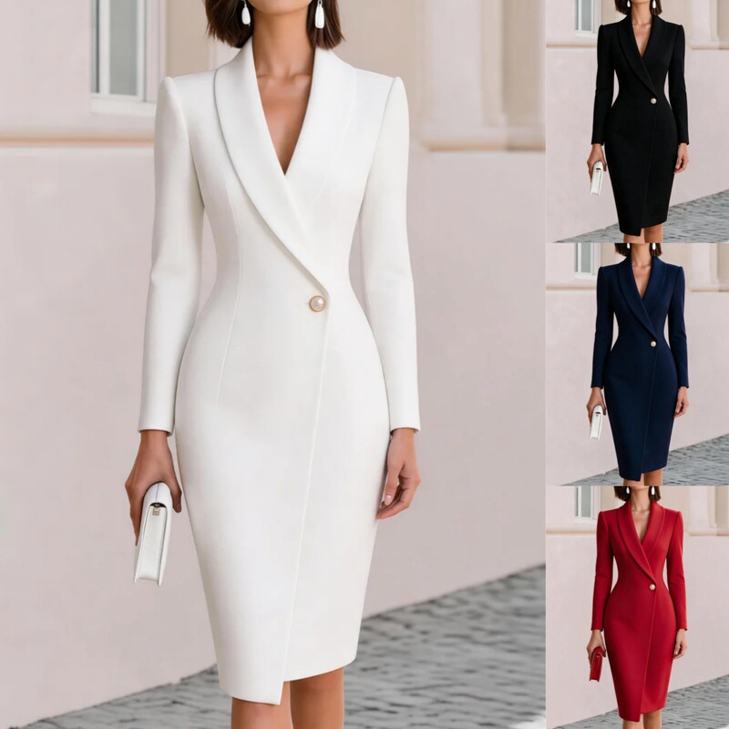 Amazon's new cross-border product: Waist-cinching, one-button, long-sleeved, bodycon midi dress, elegant professional attire for women's banquets Amazon's new cross-border product: Waist-cinching, one-button, long-sleeved, bodycon midi dress, elegant professional attire for women's banquets