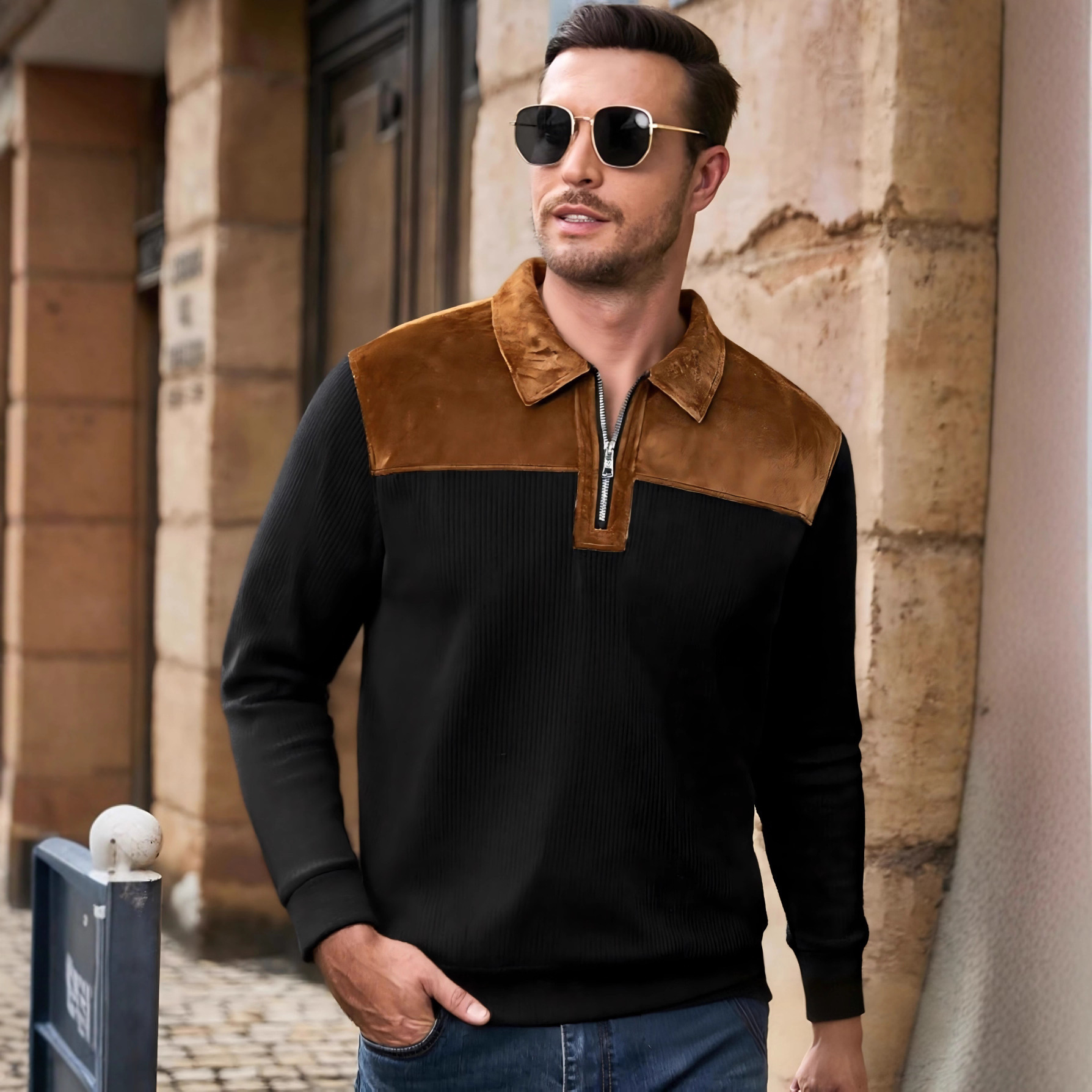 Men's Suede Patchwork Knit Sweater Zip up Long Sleeve Casual T-Shirt Breathable Spring Autumn White Polyester Outdoor Polo_voghion.com