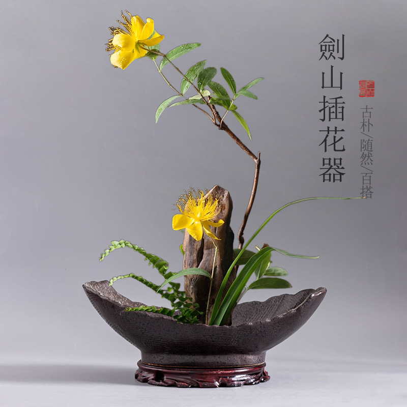 Ceramic Large Diameter Flower Vessel Retro Chinese Zen Japanese Hydroponic Jianshan Flower-arranging Utensils Household Desktop Ornaments
