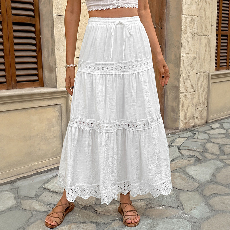 Amazon European and American Style White Lace Patchwork Skirt 2026 Summer Casual Beach Vacation A-Line Long Skirt