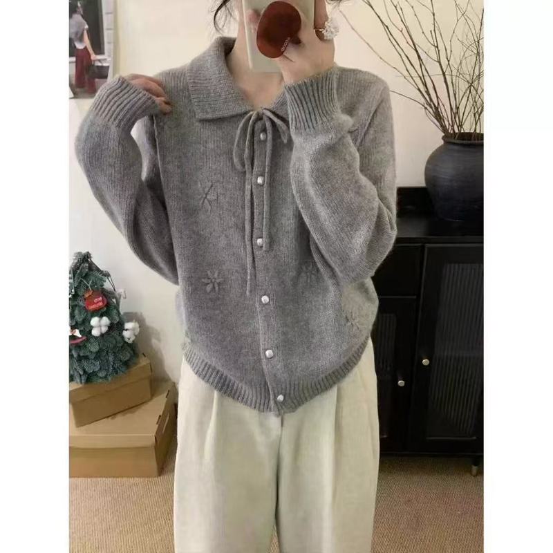 韩系翻领甜美勾花设计针织开衫女2025秋冬新款蝴蝶结软糯毛衣外套|undefined