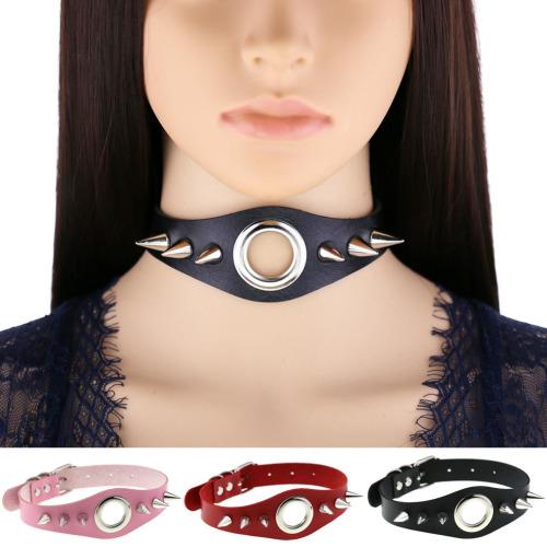 European and American new style punk gothic PU leather rivet spike collar necklace personalized metal ring clavicle necklace