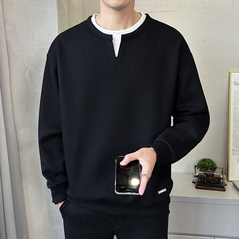 American Style Casual Fake Two-piece Double Collar Jacquard Crewneck Sweatshirt Spring and Autumn Fashionable Men's Essential Sweatshirt