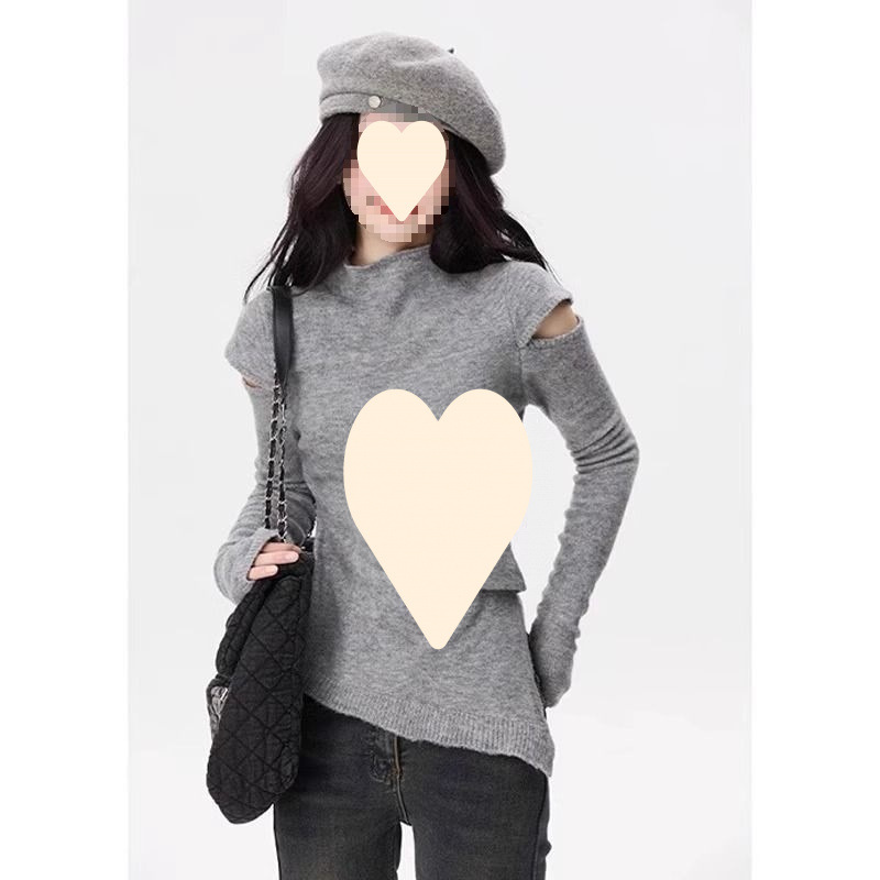 半高领毛衣女针织内搭秋冬针织衫露肩打底衫不规则外穿设计感上衣